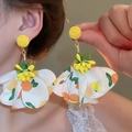 Summer vacation mesh flower petal drop earrings with yellow bead cluster and citrus patterns - 92# Silver Needle - Yellow