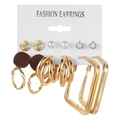 6-pair set of gold geometric hoops and pearl stud earrings on display card - 6 Pairs Set / Gold Brown