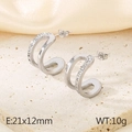 Silver double-row crystal C-shaped stud earrings in polished stainless steel finish - Silver
