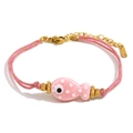 Rosa geflochtenes Armband mit 18K Gold Fisch-Keramikanhänger und verstellbarem Verschluss - Fisch Gewebtes Seil Armband (B0693) / Rosa