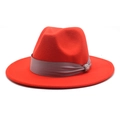 Close-up of red wool fedora hat featuring a wide grey satin ribbon and rhinestone buckle - Orange Red