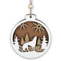 Detail of multi-layer wooden Christmas ornament featuring carved wolf and forest motif - Wolf (JM01993)