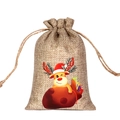 Burlap Christmas drawstring gift bag featuring a cute cartoon reindeer print - Chibi Reindeer H-03 / 10*15cm