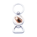 Detail of metal baseball bottle opener keychain with glossy silver finish on white background - Baseball in Glove Style (XSWX5575-3)