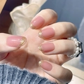 Uñas postizas rosa transparente hechas a mano con puntas de pan de oro en forma redonda - Rosa con pan de oro francés hecho a mano (D-92) / Tipo con Pegamento de Gelatina