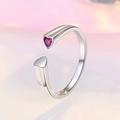 Macro detail of silver double-layer ring with pink heart-shaped crystal and S925 hallmark - Silver (J298)