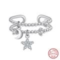 Dubbellaagse verstelbare ring van S925 sterling zilver met maan- en sterhangers - 5A Zirkonia Geplatineerd / Ongeveer 2,27g
