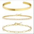 Dreiteiliges vergoldetes Schmuckset mit Gliederkette und Tennisarmband für Damen - Gold (Glatter Armreif/Weiße Zirkonia-Tenniskette/Büroklammerkette)