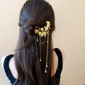 Pic à cheveux floral doré avec longues chaînes à pompons et perles style chinois - Triple Long Pompon En Perle Fleur Dorée (65#)