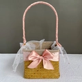 Detail of seagrass basket with pink ribbon handle and white star mesh lining decoration - Nude Pink Half Wrap Style