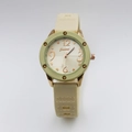 Detail of vintage ladies quartz watch with beige silicone strap and pale green case - Yellow Silicone Strap