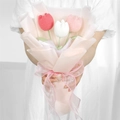 Handmade crochet tulip bouquet with red white and pink flowers in soft pink wrapping - Chubby Tulip Pink Series
