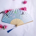 Bamboo folding fan with blue gradient silk, pink cherry blossoms and rabbit patterns - Blue Gradient Cherry Blossom Rabbit Pagoda Style (Smiling Female Fan-35)