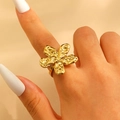 Hammered texture gold flower ring with oversized five-petal design for women - Gold (WG-0865)