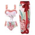 Three-piece floral bikini set with high-waist bottom and matching tie-waist long skirt - Y15 Pink Set