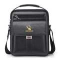 Borsa a tracolla da uomo nera in pelle PU vintage con tracolla regolabile e logo dorato - Nero Liscio