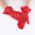 Women's summer red lace sun protection gloves with elegant floral mesh and ruffled cuffs - Child Size Red