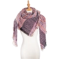 Plaid bouclé triangle scarf with fringe in purple and pink tones on mannequin - Fine Plaid Pink
