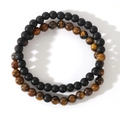 Men's beaded bracelet set featuring matte black stones and polished tiger eye stone beads - Matte Black Bead Tiger Eye 2-Piece Bracelet Set (B-S23112501A)