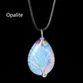 Handmade tree of life wire wrapped water drop opal stone pendant on black necklace - Silver Wire Wrapped Opalite Pendant