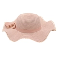 Detail of light pink straw sun hat with decorative ribbon bow and wavy brim edge - Pink