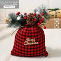 Red and black plaid Christmas gift bag with pine cones and Merry Christmas wood sign - Red and Black Plaid (Medium)