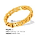 Golden stainless steel openwork leaf ring showing 3.3mm width and 1.3g lightweight design - Size 7 / Gold