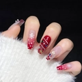 Faux ongles de Noël dégradés rouge et blanc avec flocons de neige et perles 3D - 1325-Fête de Noël Cercueil Moyen / Très Petit (XS)