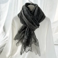 Long silk gradient scarf in dark grey with lightweight pleated texture and elegant drape - 190cmx75cm / Black