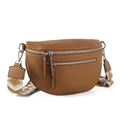 Brown pebbled leather sling bag with silver zippers and bohemian woven strap - Brown