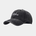 Detailed close-up of Hello Sunshine embroidery on vintage washed grey cotton baseball cap - Adjustable / Black