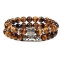 Tiger Eye beaded bracelet set with silver owl charm and textured metal tubes - Tiger Eye Set 1