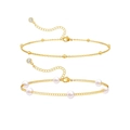 Elegant gold bead and white pearl adjustable bracelet set with diamond charm on white background - Double Layer Style / Gold