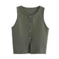 Détail du gilet en maille vert foncé avec boutons en métal argenté et texture fine - S / Vert Foncé