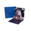 3D pop-up Christmas card with Santa, reindeer, and house scene including a blue envelope - Blue Reindeer Cabin (H1-05)
