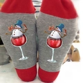 Red and gray Christmas socks featuring a cartoon snowman sitting in a wine glass - One Size / Stemware Snowman Grey Red