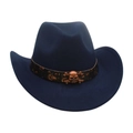 Navy blue Western cowboy hat with a brown band and metal skull decorative buckle - Kids [52-54cm] / Navy Blue (Skull)