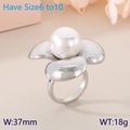 Silver stainless steel flower ring with large white pearl in a polished finish - US 6 / Steel Style (KR111440-GC)