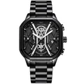 Business sport men's quartz watch with black octagonal steel case and textured dial - Black Case Silver Markers Steel Strap