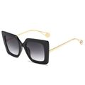 Fashion oversized square sunglasses with black frame, gold metal temples and pearl detail - Black Frame Double Gray Lens