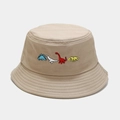 Cappello a secchiello beige con ricamo di dinosauri colorati in twill di cotone - M (56-58cm) / Cachi