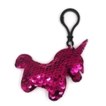 Detailed view of pink sequin unicorn keychain with black plastic hook on white background - Unicorn