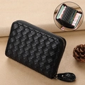Black woven leather accordion card wallet with secure zipper and multi-slot interior - Black