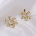 Golden snowflake stud earrings with white pearl and sparkling crystals for Christmas - Pearl Snowflake Stud