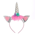 Detailed close-up of unicorn headband with silver horn, pink glitter ears and colorful flowers - Unicorn Silver Horn