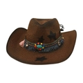 Brown western cowboy straw hat with black star print and colorful bohemian bead tassel trim - Ethnic Style + Wind Rope / Coffee