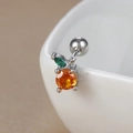 Macro shot of silver barbell stud with orange zircon and green leaf on white cup - 60075-4 Silver - Orange