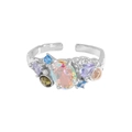 Adjustable S925 silver ring with colorful opal and zircon stones on a white background - Size 14 (Open Adjustable) / Silver Style (JZ822-Platinum)