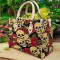 Gothic tote bag with skull and red rose pattern on premium faux leather surface - Skull and Red Roses (Handbag 0048)