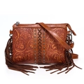 Brown Bohemian PU leather crossbody bag featuring floral embossing and fringe tassels - Dark Brown